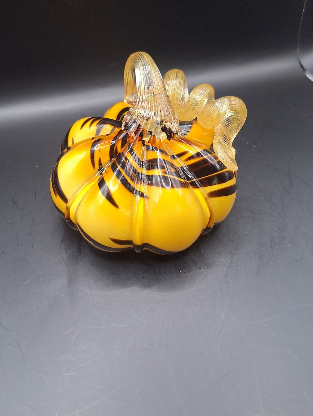 Black & Orange 6x7 Swirl Art Glass Autumn Pumpkin is a handblown glass